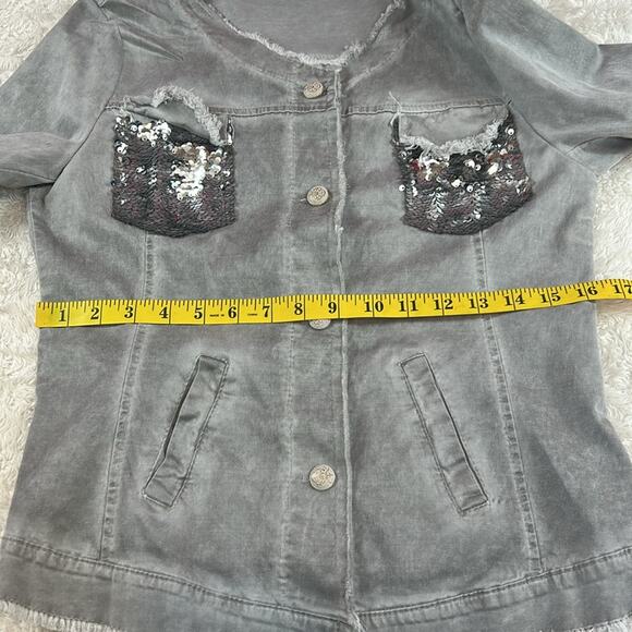 Sunny Studio Paris grey raw edge bling pocket button down shirt, 9 - Picture 9 of 10